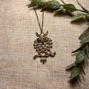 VINTAGE Long Gold Owl Necklace with Crystals | Whimsy, Y2K, Cottagecore